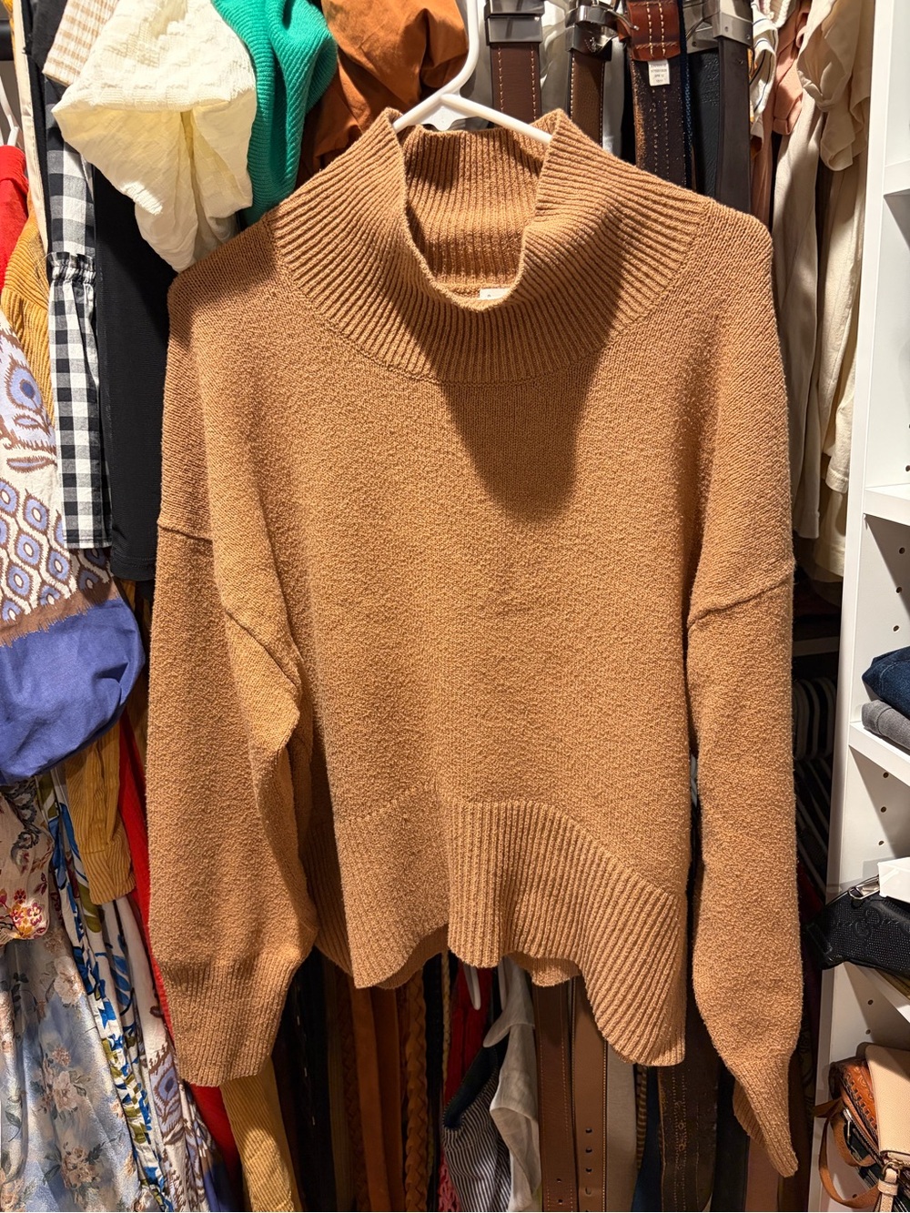 A New Day Camel Mock Neck Sweater Ribbed Trim Long Sleeve Size L